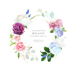Bridgerton inspired pastel floral vector design frame. Blue delphinium, hydrangea, white peony, eucalyptus, rose, hyacinth, greenery and plants card. All flowers and branches are isolated and movable © lavendertime