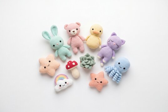 Assorted Crochet Plushies Arranged on White for E-commerce Product Display