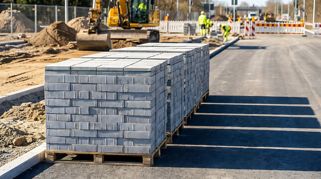 Stacks of gray paving stones ready for construction on a roadway site with construction equipment and workers in the background.