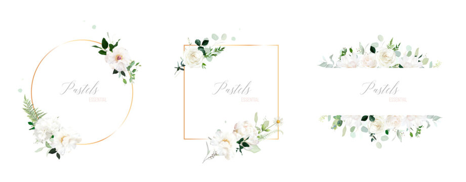Classic white peony, ivory rose flowers, branch, orchid, eucalyptus, fern, salal, greenery vector design wedding logo banners. Floral summer geometric cards. Elements are isolated and editable