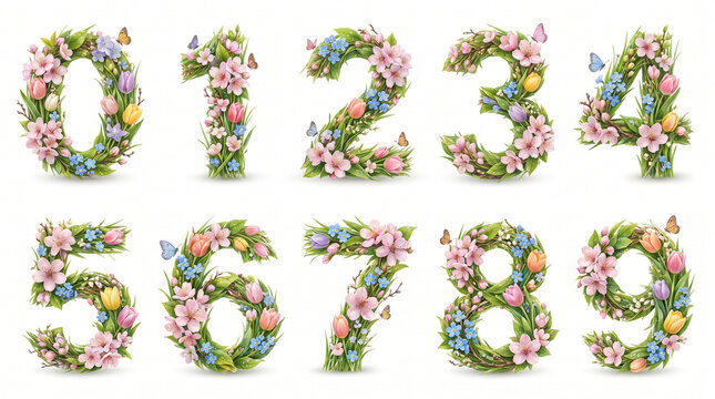 Colorful floral numbers arrangement isolated on white background, spring flower typography concept for celebration, education and creative design.