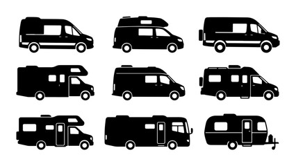 Fototapeta premium Diverse RV Camper Van Collection, Motorhome Icons Set, Recreational Vehicle Silhouettes for Travel and Outdoor Adventure Graphics