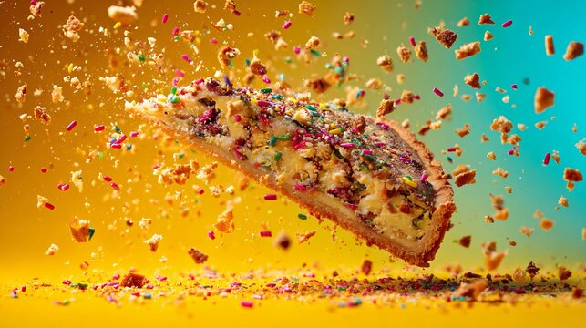 A vibrant action scene with tart crumbs falling mid-air as a slice is lifted, creating motion and energy