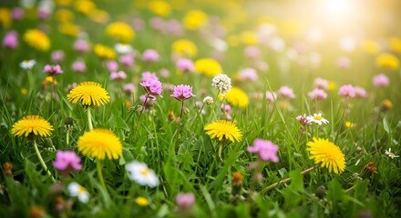Fototapeta premium Vibrant wildflowers in a green meadow on a spring day with sun flare