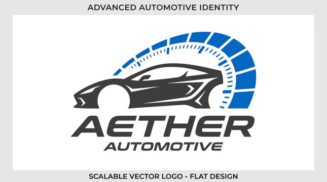Aether Automotive Logo with Speedometer and Sport Car Design.