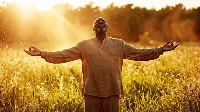 Man meditating in a golden sunlit field
