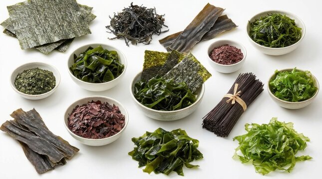 Assorted varieties of dried seaweed snacks and edible sea vegetables in bowls isolated on white background
