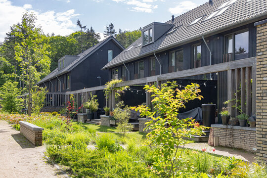 Modern row houses with gardens in a leafy suburban area of Ede, Netherlands