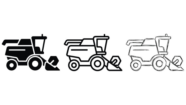 Asphalt paver construction machinery icons in solid, outline, and hand-drawn styles for industrial concepts.
