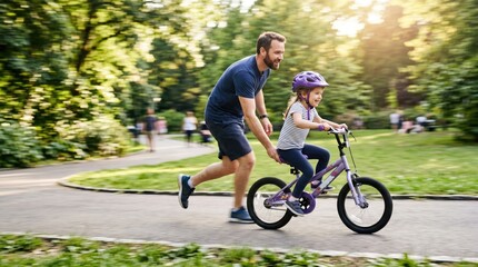 Fototapeta premium Father teaches daughter to ride a bike in a park