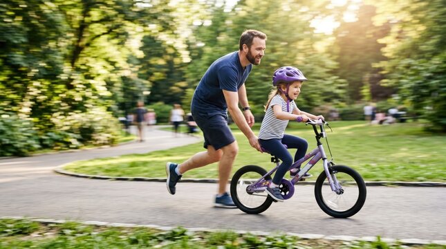 Father teaches daughter to ride a bike in a park