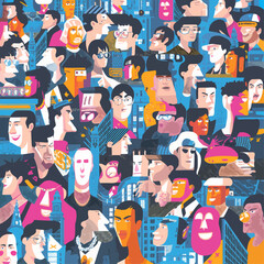 Obraz premium Sociological study of urban density represented through a stylized illustration of an abstract multicultural population in a vibrant metropolitan setting