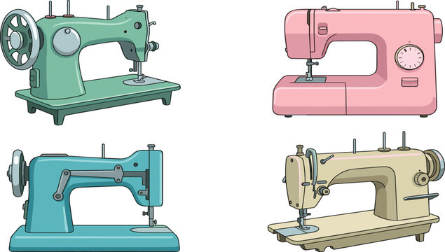 Vector illustration collection of vintage and modern electric sewing machines in pastel colors isolated on white background for tailoring and fashion design projects.