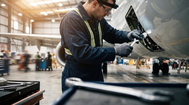 Aircraft mechanic working on an airplane in a hangar