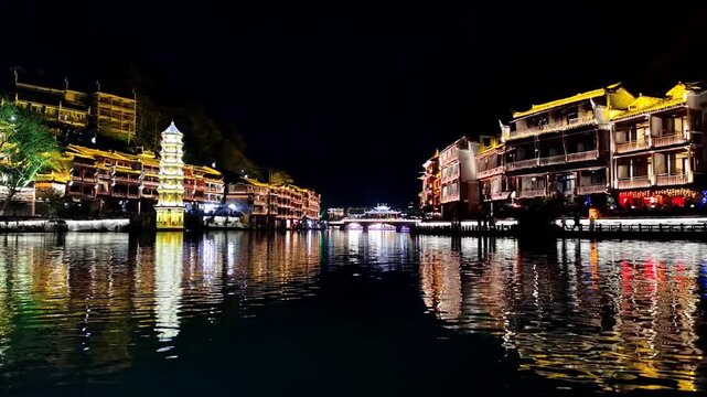 Night Reflections in Fenghuang Ancient Town, Hunan, China