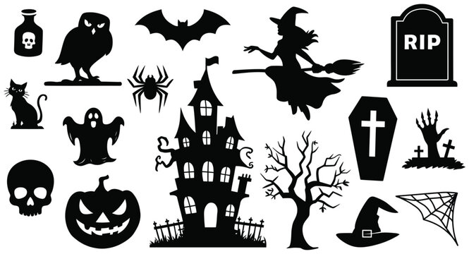 Diverse vector collection of classic Halloween symbols and creepy creatures, perfect for adding a touch of frightful fun to any seasonal design