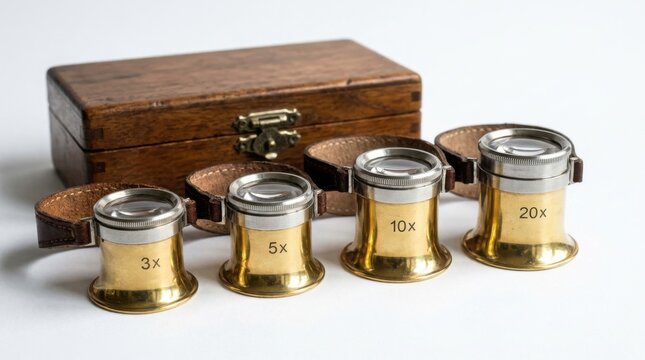 Vintage brass magnifying lens set with 3x to 20x magnification in wooden case on white studio background isolated on white background