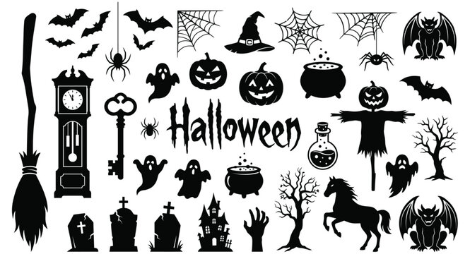 A Spooky Collection of Halloween Icons Featuring Ghosts, Bats, Pumpkins, and More for Festive Decorations