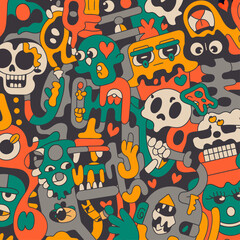 Seamless graphic illustration of stylized monster characters and skeletal elements in vibrant orange and teal tones © mehdi naqvi 