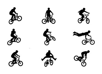 Fototapeta premium BMX Bicycle Rider Silhouettes, Extreme Sports Action Poses, Dynamic Cycling Stunts Collection, Vector Graphic Elements for Sports and Adventure Themes