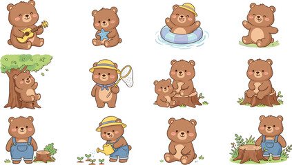 Fototapeta premium Cute bear cartoon character collection with gardening swimming music and relaxing poses vector illustration set