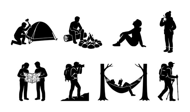 Outdoor Camping and Hiking Silhouettes, Adventure Activities Collection, Nature Recreation Vector Icons, Travel and Leisure Set