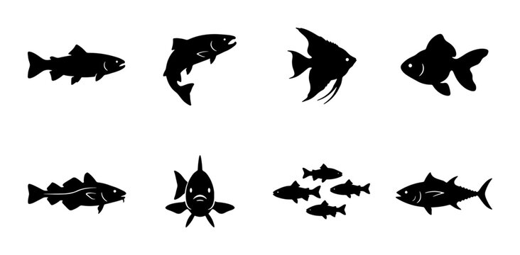 Diverse Fish Silhouettes Collection, Aquatic Life Icons, Seafood Variety, Marine Animal Graphics, Ocean Creatures Vector Set