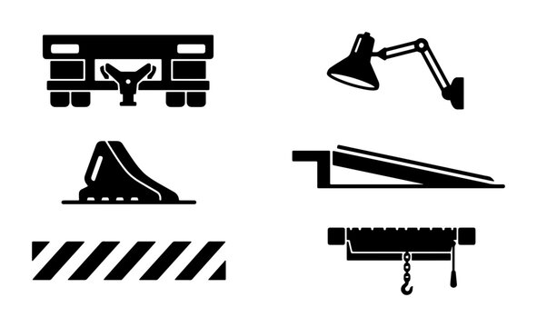 Industrial Equipment Icons: Trailer Hitch, Desk Lamp, Wheel Chock, Ramp, Pulley System, Warning Stripes Vector Set