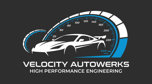 Velocity Autowerks high performance engineering logo with sports car and speedometer.