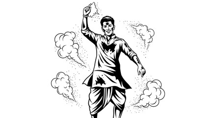 Obraz premium Happy Indian Man Celebrating Holi Festival Black and White Illustration