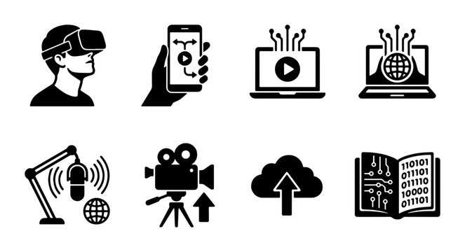 Digital Technology Icons: VR, Mobile App, Video Streaming, Global Network, Podcasting, Camera Setup, Cloud Upload, Binary Code Book
