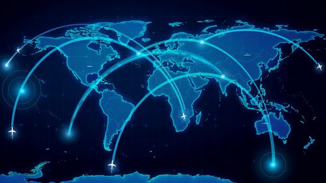 Futuristic global map with glowing flight paths and airplanes connecting continents in modern air travel network