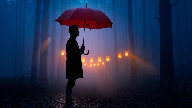 Silhouette of a person holding a red umbrella standing in a misty dark forest at dawn