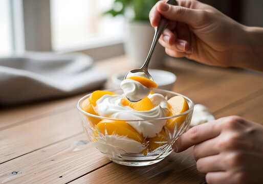 A person's hands scooping a spoonful of peaches and whipped cream from a glass bowl on a wooden table.