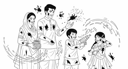 Obraz premium Indian Family Celebrating Holi Festival Line Art Illustration