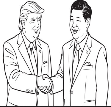 DONAL tramp and Xi jin ping Two businessmen shaking hands and smiling at each other in suits