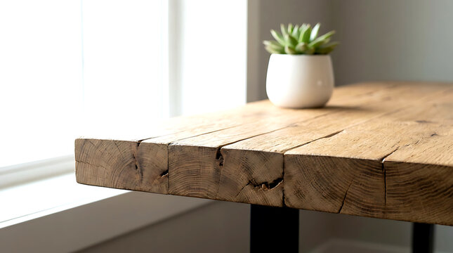 Wooden table with a small potted succulent plant by a window
