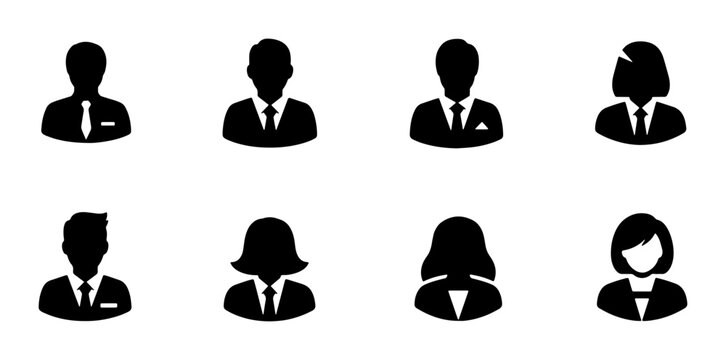 Diverse Business People Icons, Male and Female Silhouettes, Professional Avatar Set, Corporate User Profiles, Minimalist Vector Graphics