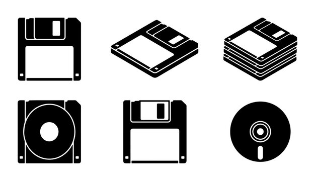 Retro Floppy Disk and CD Icons, Vintage Data Storage Vector Set, Old Technology Media Graphics