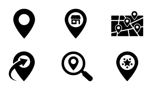 Location Pin Icons Set: Navigation, Search, Store, Map Markers, Geo-Tagging, Vector Graphics