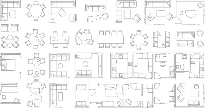 Furniture floor plan symbols set for interior design layouts including sofas tables chairs and room arrangements vector
