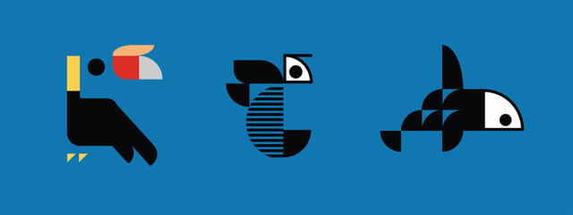 Creative minimalist geometric illustration set featuring stylized animal icons including a hornbill bird, bee, and killer whale. Flat vector-inspired design suitable for logos, branding, educational m © sofian