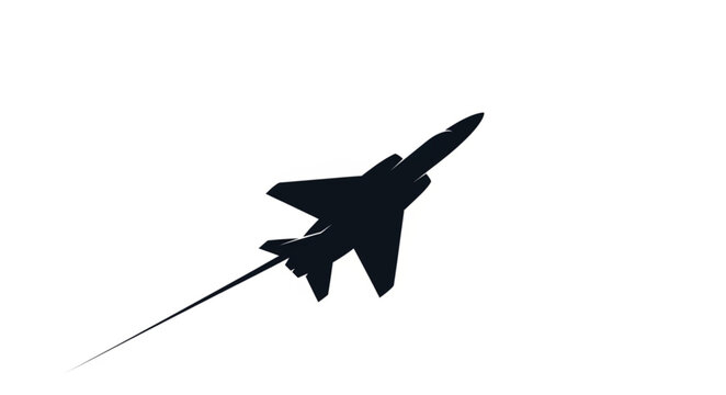 Silhouette of a fighter jet in flight against a white background.