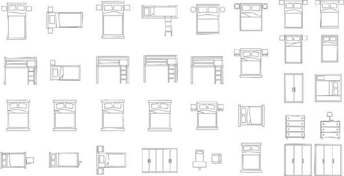 Bedroom furniture top view icons set including beds wardrobes and dressers for architectural floor plan design vector