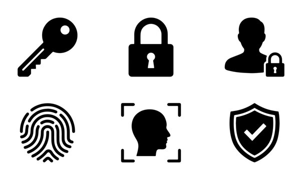 Security Icons Set: Key, Lock, User, Fingerprint, Face ID, Shield. Digital Protection & Access Control Vector Graphics.