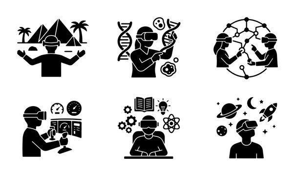 Virtual Reality Icons Set, VR Technology Concepts, Futuristic Digital Experience, Science and Education Graphics