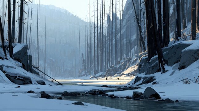 Slender barren trees line a snowy frozen ravine with a partially flowing stream