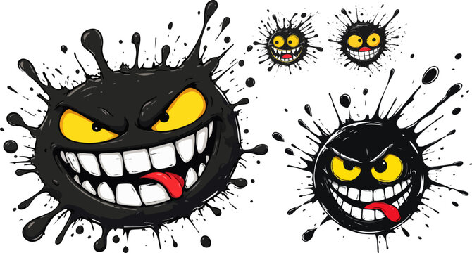 Grungy black ink monster characters with angry faces, set of 4 evil splatter monsters, aggressive ink blot creatures with yellow eyes and red tongues