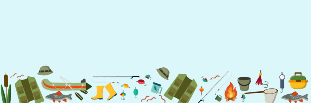 A horizontal border design featuring a collection of flat vector fishing and camping equipment icons isolated on white. Perfect for outdoor adventure banners, website footers, Father's Day cards, fish