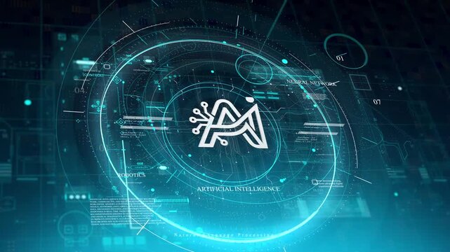 Futuristic AI Interface with Glowing Teal Rings and Natural Language Processing HUD Animation